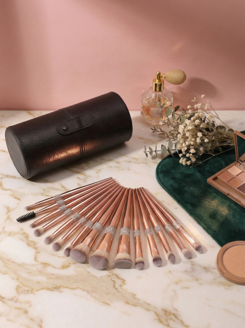 保持这套玫瑰金化妆刷、黑色收纳筒及所有现有物品的外观、排列完全不变，背景替换为轻奢风格的化妆台场景，增加少量香水瓶、丝绒化妆垫作为点缀，光线柔和有氛围感，整体高级精致，物品主体清晰突出预览效果