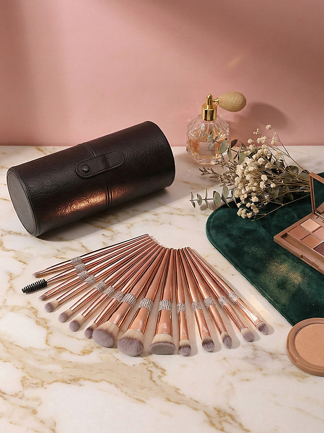 保持这套玫瑰金化妆刷、黑色收纳筒及所有现有物品的外观、排列完全不变，背景替换为轻奢风格的化妆台场景，增加少量香水瓶、丝绒化妆垫作为点缀，光线柔和有氛围感，整体高级精致，物品主体清晰突出