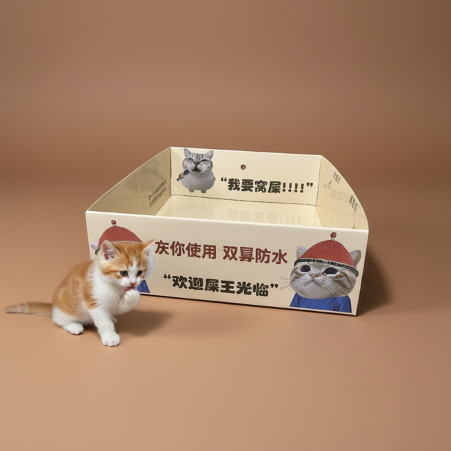 这张图片是产品主体这款产品是一次性猫砂盆 产品主体颜色不改变 我需要设计20张主图在拼多多上面售卖   主图场景布局设计用小猫等 等背景元素 整体色调暖色，可爱 显得高级一些  主图文案内容 月刨猫砂预览效果