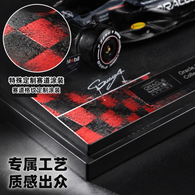 [主图-3] F1赛车车模底座涂装细节特写图
[氛围风格] 微距细节展示，品质种草
[画质] 微距商业摄影、细节清晰锐利、材质纹理真实、画面质感高级
[元素] 画面主体为赛道版车模的特殊涂装底座，做局预览效果