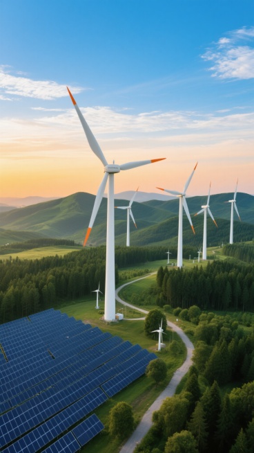 高清晰度航拍视角，画面中央矗立着多座白色风力发电机，叶片带有橙色尖端，在风中旋转。前景是整齐排列的深蓝色太阳能电池板阵列，与周围茂密的深绿色森林形成鲜明对比。远处是连绵起伏的绿色山峦，天空呈现从地平线处温暖的橙黄色渐变为上方清澈的蔚蓝色，点缀着几缕白色云彩。整体色调明亮清新，光影效果为清晨或傍晚的柔和斜射光，营造出宁静而充满希望的氛围。画面下方有蜿蜒的小路穿行于树木和发电设施之间，体现人与自然……预览效果