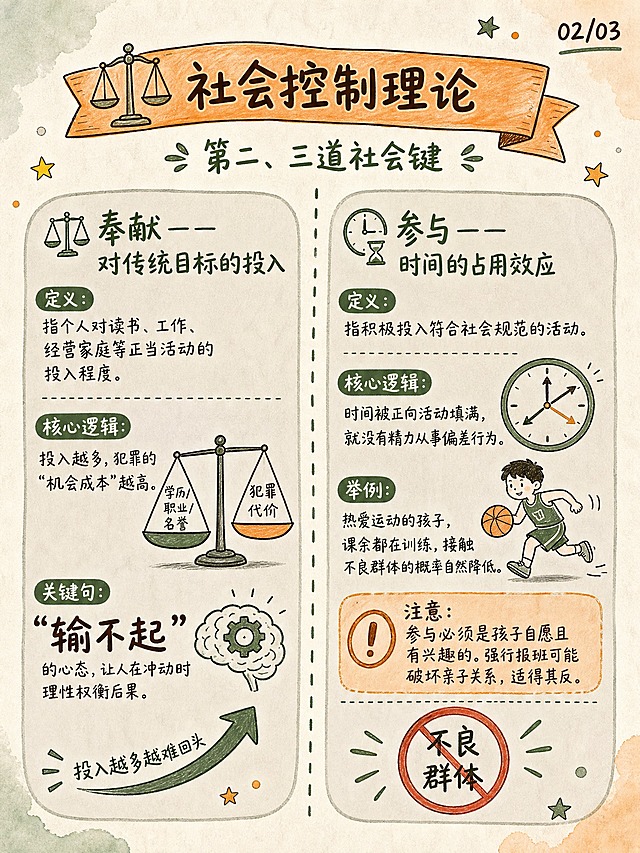 手绘涂鸦笔记(Sketchnote)风格插画，3:4竖版比例，清新自然风。浅米色带轻微纸张纹理背景，边缘有淡淡的水彩晕染痕迹。主色调墨绿和暖橙，辅助色米白和浅灰，重点文字深棕色。所有线条和图形带有轻微手绘感，不要过于僵硬完美。字体为清晰可辨的中文手写体风格，随性但不潦草的圆体字。右上角标注序号"02/03"。

画面顶部标题区：主标题文字"社会控制理论"放在一个手绘的暖橙色横幅内，横幅左端画一个天平的简笔画，寓意"权衡"与"投入"。副标题文字"第二、三道社会键"在主标题下方。

左右对比型构图，画面垂直分为左右两栏，两栏中间画一条手绘的虚线作为分隔线。

左栏奉献区（画面左半部分）：一个浅灰色背景的圆角卡片内，标题"⚖️ 奉献——对传统目标的投入"，定义"指个人对读书、工作、经营家庭等正当活动的投入程度。"；核心逻辑"投入越多，犯罪的"机会成本"越高。"旁边画一个天平简笔画，一端是"学历/职业/名誉"，另一端是"犯罪代价"；关键句用较粗字体突出""输不起"的心态，让人在冲动时理性权衡后果。"旁边画一个大脑简笔画，内部有一个齿轮，代表理性思考。左栏底部画一个向上的箭头，寓意"投入越多越难回头"。

右栏参与区（画面右半部分）：一个浅灰色背景的圆角卡片内，标题"⏳ 参与——时间的占用效应"，定义"指积极投入符合社会规范的活动。"；核心逻辑"时间被正向活动填满，就没有精力从事偏差行为。"旁边画一个时钟简笔画，指针指向不同方向，代表时间被分配；举例"热爱运动的孩子，课余都在训练，接触不良群体的概率自然降低。"旁边画一个篮球或运动小人简笔画；特别提醒用暖橙色底色突出显示"注意：参与必须是孩子自愿且有兴趣的。强行报班可能破坏亲子关系，适得其反。"旁边画一个感叹号图标。右栏底部画一个禁止符号（圆圈加斜杠）内写"不良群体"，代表正向活动挤占了偏差空间。

散落几颗小星星和圆点作为点缀。整体配色柔和护眼。