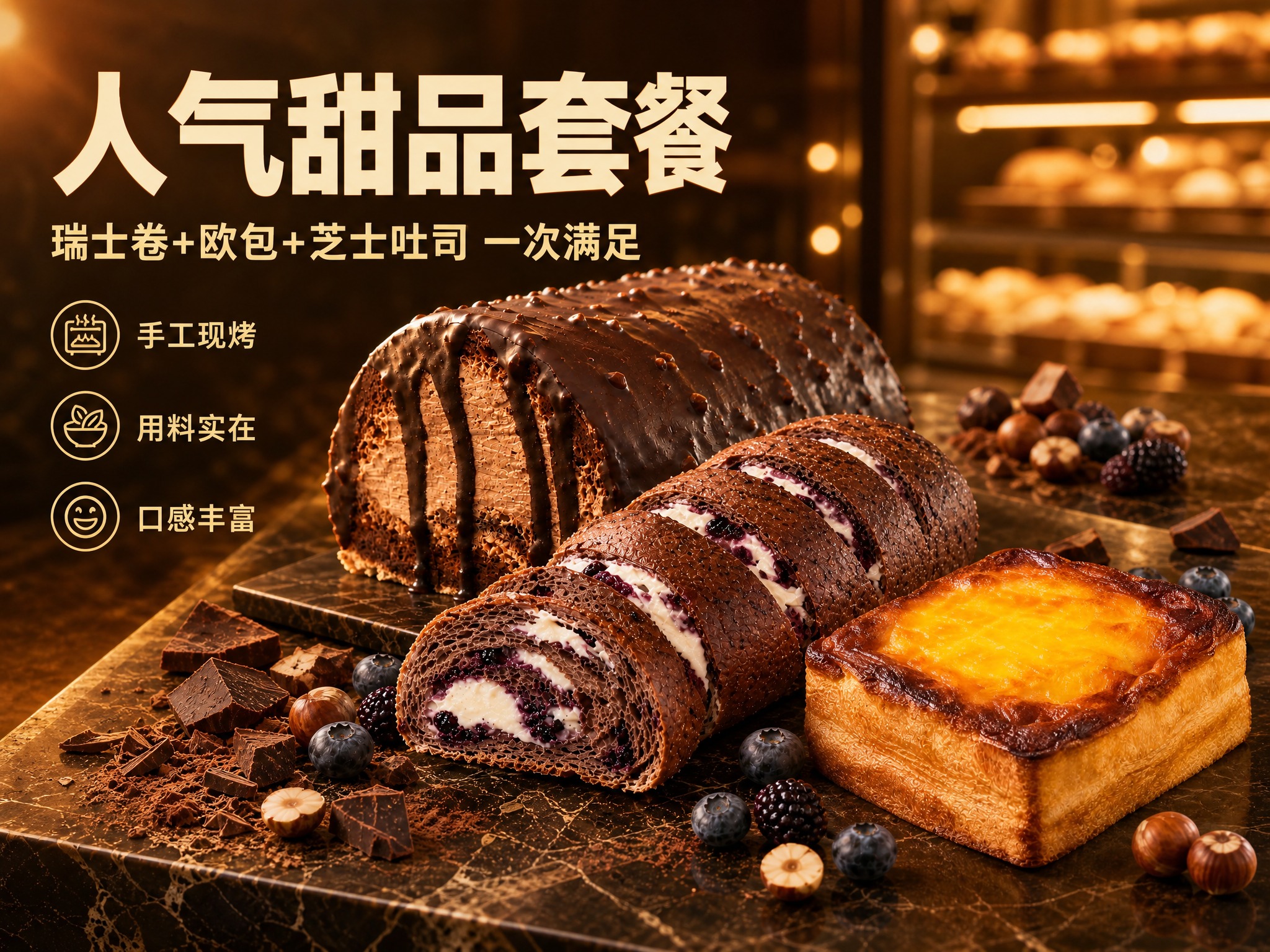 美团外卖甜品套餐主图，爆款促销感，展示三款甜品组合：梦龙巧克力… - 图片创意预览