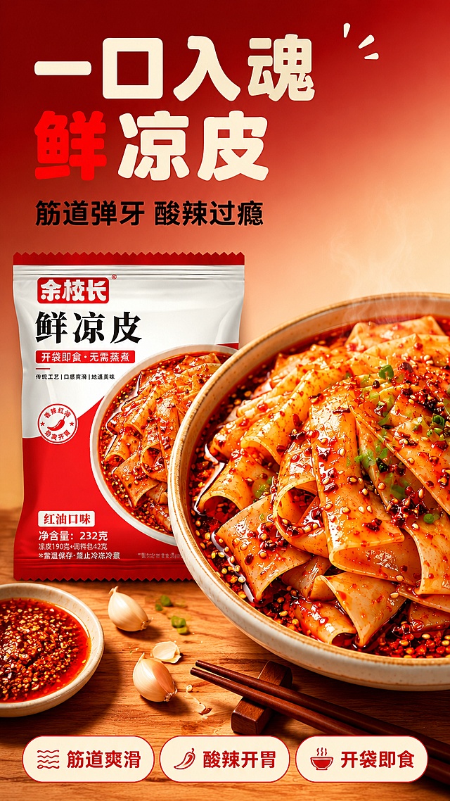 [第1屏] 详情页头图-余校长鲜凉皮红油口味食欲氛围海报。本屏使用【图1】作为商品包装主体，包装置于画面左侧，右侧展示一碗盛满红油凉皮的真实成品图，凉皮宽薄透亮，裹满红亮油泼辣子和芝麻，葱花点缀，热气微升，食欲感爆棚。
[氛围/风格] 浓郁烟火食欲风，红金主色，暖调高光，商业美食摄影质感，高清诱人。
[元素布局] 左侧为余校长鲜凉皮包装袋，占比约35%，包装袋外观、颜色、文字与输入图完全一致；右侧为红油凉皮成品碗，占比约50%，凉皮层层叠叠，红油光泽饱满，芝麻辣椒粒清晰可见；底部铺浅木色餐桌纹理，散落几瓣蒜、一小碟红油、一双筷子作为前景装饰；背景为渐变暖红色，由深到浅过渡。
[光影质感] 右上方主光打亮凉皮表面，红油反光晶莹剔透；左下方辅光柔化阴影，包装正面文字清晰无暗部；整体暖色调，突出食物的油润光泽和诱人质感。
[配色色系] 全局底色 #C8102E 渐变至 #FFF5E6；主色正红；辅助色金黄、米白；点缀色翠绿葱花。
[视角构图] 正面微俯视，凉皮碗为视觉中心，阅读动线左上标题 → 中部产品+成品 → 底部卖点条。
[文字版式] 左上标题区：主标题「一口入魂 鲜凉皮」大号粗黑体，副标题「筋道弹牙 酸辣过瘾」中号黑体；底部横向信息条：三个圆角胶囊卖点「筋道爽滑」「酸辣开胃」「开袋即食」；文字不遮挡凉皮和包装主体；全套标题字采用粗黑圆角黑体，字色为正红+米白双色。
[比例分辨率] 9:16竖版比例，4K分辨率，文字清晰可辨，高清画质。
[负向提示词] 包装变形，文字错乱，颜色偏差，凉皮形态失真，水印，背景杂乱，食物不新鲜，油光发腻不自然。