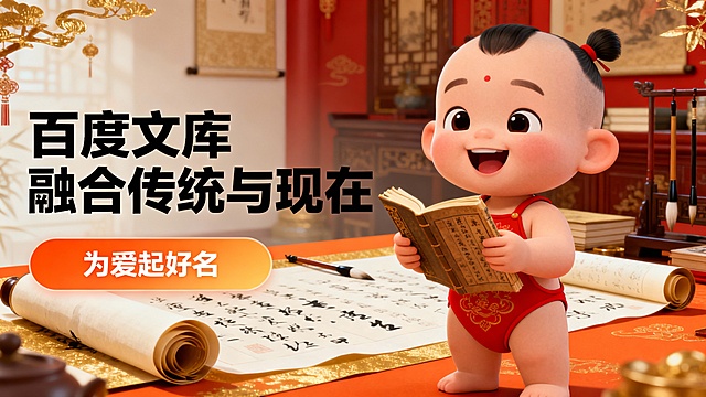 国风卡通风格，画面右边是一位3D卡通婴儿，穿着红色传统肚兜和小辫，面带笑容，双手捧着一本古籍。背景采用古代书房，配有展开的卷轴、毛笔及书法纸张，营造浓厚的文化氛围。左边以黑色粗体字突出“百度文库融合传统与现在”，并设有橙色渐变按钮标有“为爱起好名”。色彩上使用橙红为主调，搭配金色与米白，传递出喜庆和吉祥。