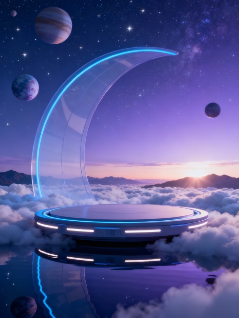 3D渲染风格的科技感简约海报，以深邃的蓝紫色星空为背景，点缀着大小不一、带有细腻纹理的行星和闪烁的星辰，营造出宁静而神秘的宇宙氛围。画面中央是一个悬浮在云海之上的圆形科技平台，平台边缘有发光的灯带，底部与水面相接形成清晰的倒影，平台后方矗立着一个巨大的半透明弧形结构，线条流畅，边缘有蓝色光晕勾勒。远处地平线上，柔和的霞光穿透云层洒向连绵起伏的山脉轮廓，整体色彩以蓝紫渐变为主，光影对比柔和，突出……预览效果
