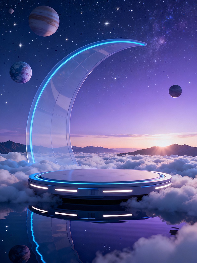 3D渲染风格的科技感简约海报，以深邃的蓝紫色星空为背景，点缀着大小不一、带有细腻纹理的行星和闪烁的星辰，营造出宁静而神秘的宇宙氛围。画面中央是一个悬浮在云海之上的圆形科技平台，平台边缘有发光的灯带，底部与水面相接形成清晰的倒影，平台后方矗立着一个巨大的半透明弧形结构，线条流畅，边缘有蓝色光晕勾勒。远处地平线上，柔和的霞光穿透云层洒向连绵起伏的山脉轮廓，整体色彩以蓝紫渐变为主，光影对比柔和，突出主体元素的科技质感与空间层次感。设计遵循简约美学，视觉层级明确，主体平台和弧形结构为视觉焦点，背景元素简洁不杂乱，确保画面在传达科技感的同时保持整体的简洁与平衡，能快速吸引观者目光并传达出未来感与探索精神。