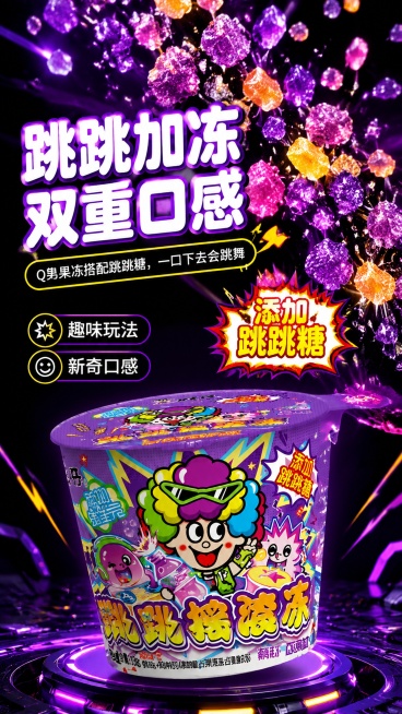[第2屏] 产品核心卖点展示，旺仔摇滚冻突出添加跳跳糖的趣味特色。
[氛围/风格] 炫酷科技风，特写质感，冲击力强，商业摄影品质。
[元素布局] 画面上半部分放大展示跳跳糖颗粒元素，占比超过50%，下预览效果