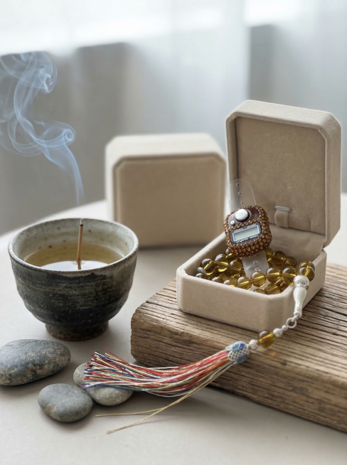 参考图2的东方禅意新中式风格构图，为图1棕色镶钻电子计数器黄水晶佛珠手串制作场景图，保持产品主体物理结构不变，保持产品原有文字和Logo不变，保留米色绒布首饰盒、黄水晶圆珠手串、彩色流苏所有组件，采用预览效果