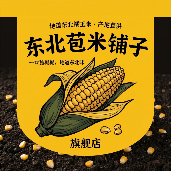 设计一个1:1正方形的电商logo，主色调为深黄+墨绿+黑色，模拟玉米、苞叶和东北黑土地，接地气有辨识度。画面中心是手绘风格的饱满东北糯玉米穗，带有苞叶，露出几颗金黄玉米粒；logo上方是加粗手写体店预览效果