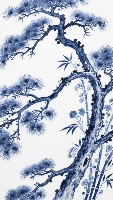 一幅中国传统青花瓷风格的松树图案背景，以纯净的白色为底，深蓝的墨色勾勒出形态各异的松树枝干与松针，松针呈放射状簇生，枝干遒劲曲折，间杂着细密的竹叶和小巧的花朵作为点缀，整体构图疏密有致、错落排列，线条流畅细腻，呈现出清雅、古朴、宁静的氛围，适合作为背景使用的干净风格传统纹样设计。预览效果