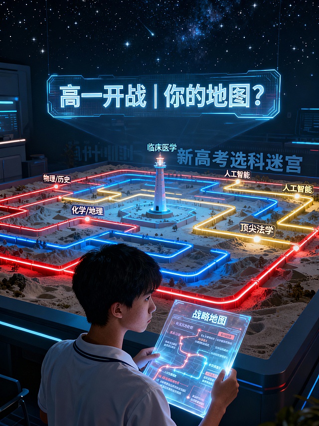 [image-一个高中生（背影）站在一个由发光线条构成的、巨大而复杂的“新高考选科迷宫”沙盘前，神色凝重。迷宫沙盘上，不同路径闪烁着不同颜色的微光（如红色代表“文科绝路”，蓝色代表“理工通道”，黄色代表“交叉地带”），关键岔路口标记着“物理/历史”、“化学/地理”等选择节点。在迷宫深处，隐约可见“临床医学”、“人工智能”、“顶尖法学”等代表大学专业的灯塔。学生手中拿着一张半透明、发着微光的“战略地图”（Map），上面清晰标注着路径分析与风险提示。背景是深邃的星空与隐约的倒计时光影，象征高中三年。整体采用冷色调的科幻战略室风格。画面中央上方，悬浮着由全息投影般的光线构成的立体文字：“高一开战 | 你的地图？”。]
