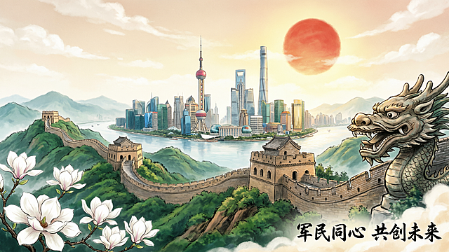 [主图 5] 16:9横版，国潮青绿国风全景插画，万里长城顺着青绿山峦起伏，龙头方向正对浦东陆家嘴核心区域，白玉兰点缀前景，暖红日悬挂在天空照亮整个画面，整体大气开阔，右下角放置文字“军民同心 共创未来”，延续参考图国潮风格，配色清新协调，高清画质，满铺无边框