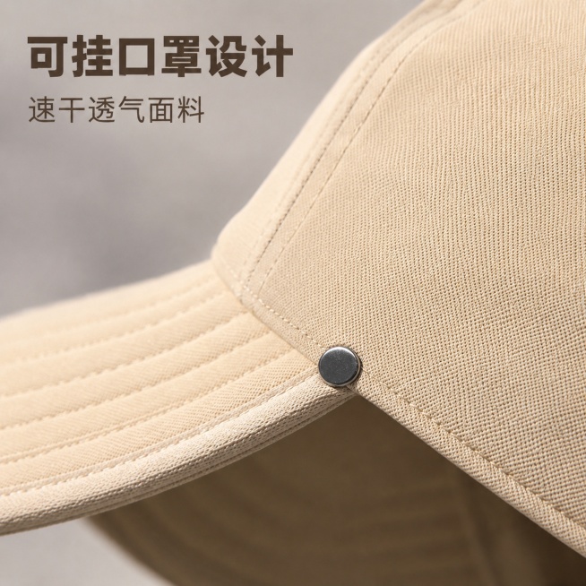 基于图一修改，将可挂口罩的灰色挂绳完全去掉，只保留侧边的圆形金属扣，和参考图二保持一致，只保留圆扣，删除其他所有配饰和挂绳。保持浅卡其色帽子速干面料纹理、颜色、整体构图不变，保持文字'可挂口罩设计 速预览效果