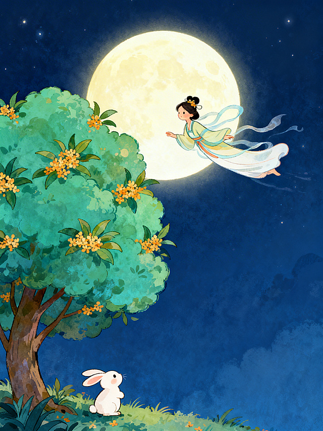 儿童绘本风格，嫦娥奔月故事，嫦娥身体轻飘飘地飞向月亮，旁边有大大的桂花树和小玉兔，柔和温馨的色彩，适合小朋友看的可爱卡通画风，背景是深蓝色夜空，月亮明亮圆润