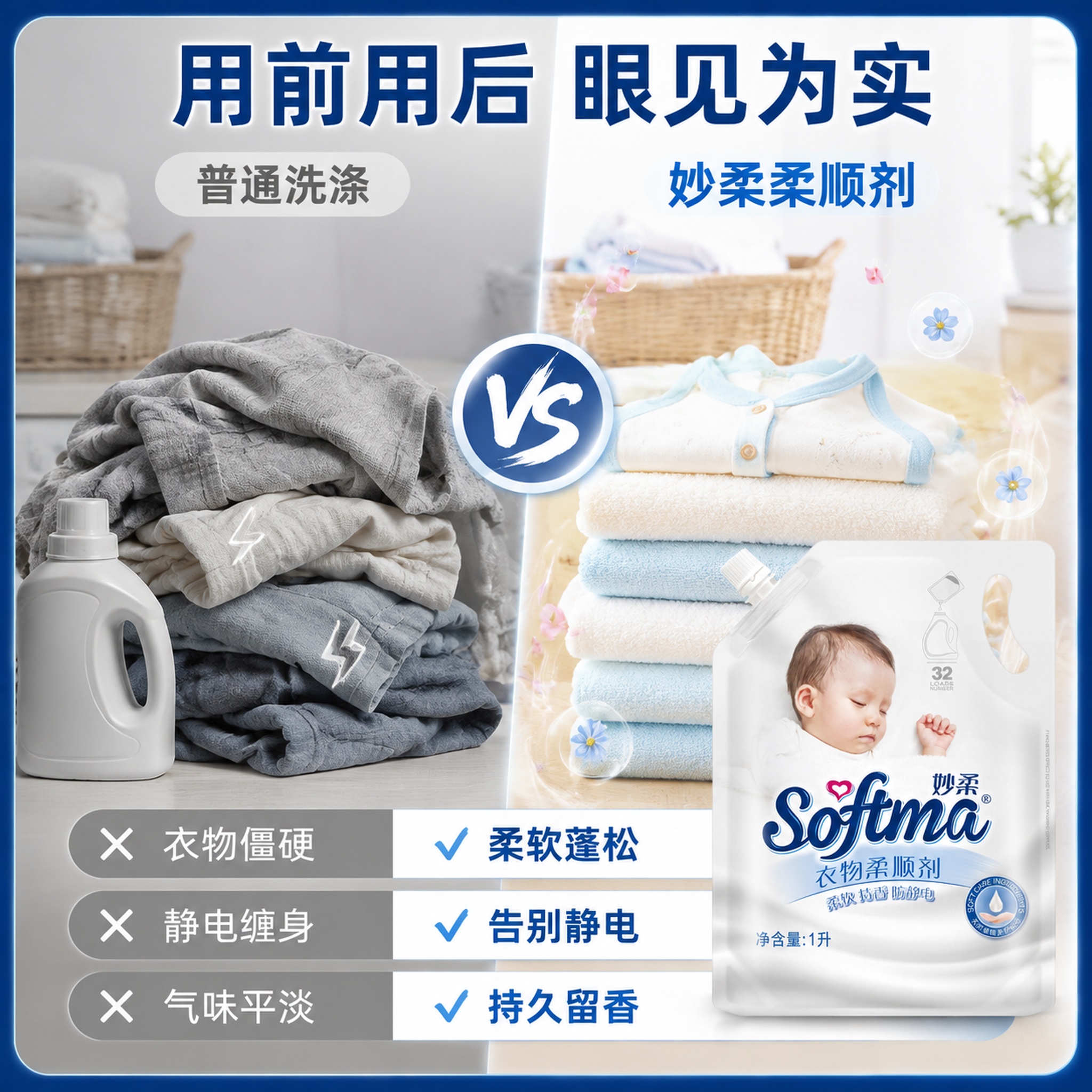 [主图-3] 妙柔衣物柔顺剂使用效果对比图 洗前洗后对比 柔软… - 图片创意预览