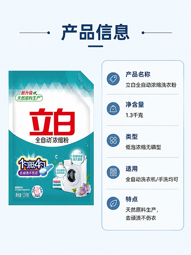 [第5屏] 规格参数信息卡-立白全自动浓缩洗衣粉产品信息展示。本屏使用【图1】作为商品主体。
[氛围/风格] 简约信息风，清晰工整，专业可信。
[元素布局] 左侧放置产品包装袋，占画面40%宽度，右侧制作信息卡，清晰列出产品名称、净含量、核心特点、适用机型等信息；保持产品外观和文字与原图完全一致。
[光影质感] 均匀柔光，参数文字清晰，产品边缘干净。
[配色色系] 全局底色 #F5FBFC，左侧留白展示产品，右侧信息卡浅蓝色边框，深蓝色标题文字，深灰色参数文字。
[视角构图] 左右分栏构图，左产品右信息，均衡稳定。
[文字版式] 顶标题 "产品信息"，右侧信息卡分条列出：产品名称「立白全自动浓缩洗衣粉」、净含量「1.3千克」、类型「低泡浓缩无磷型」、适用「全自动洗衣机/手洗均可」、特点「天然原料生产，去顽渍不伤衣」；排版工整，行距适中，移动端清晰可读。
[比例分辨率] 3:4竖版比例，4K分辨率，文字清晰可辨，高清画质。
[负向提示词] 产品变形，参数错误，文字模糊，排版杂乱，水印，极限词