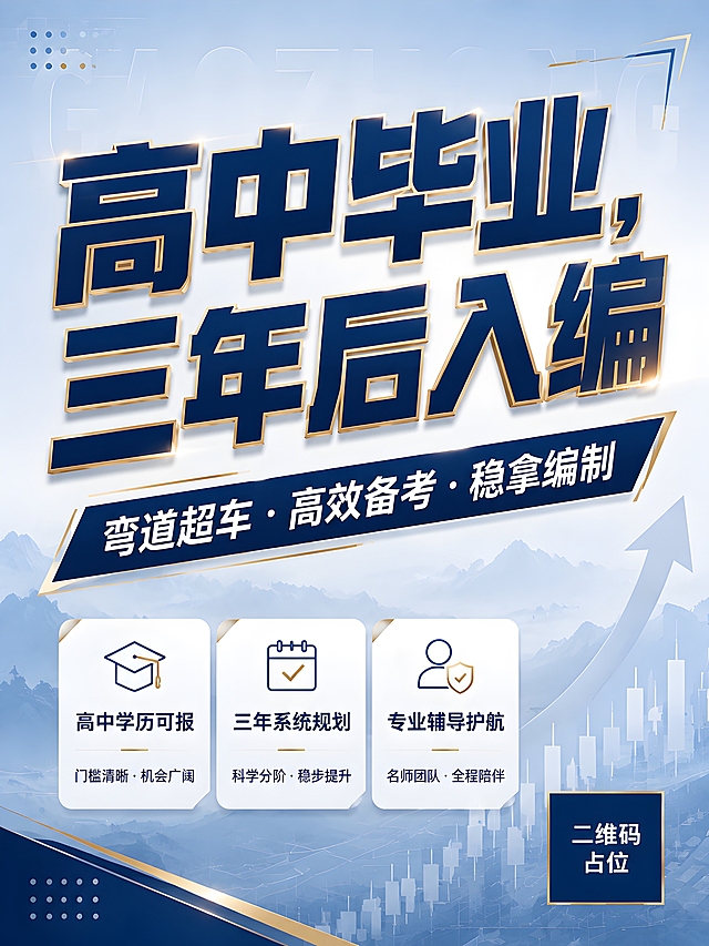 参考图版式骨架复刻，替换全部文案与装饰元素，整体改为现代商务专业风格。画面比例3:4竖版。主标题占据版面一大半以上，超大字号粗体，视觉冲击力强，醒目突出。主标题文案为「高中毕业，三年后入编」，字体采用现代商务粗黑体，深蓝色主色配金色描边或渐变效果，有立体感和力量感。副标题文案为「弯道超车 · 高效备考 · 稳拿编制」，位于主标题下方，用深蓝色斜切色块或旗帜形标签承载，白色字体。背景采用浅蓝到白色的渐变底色，搭配淡远山剪影和细网格底纹，底部有淡K线/上升箭头元素点缀。画面下方左右两侧分布3个卖点标签：「高中学历可报」「三年系统规划」「专业辅导护航」，配简约线性小图标，白底圆角卡片样式。装饰元素：几何斜切线条、简约角标、金色细分割线、圆点装饰、半透明大字背景装饰，整体有格调排版，现代商务专业感，干净利落，留白舒适。底部右下角有二维码占位符（纯色方块+中央标注「二维码占位」文字）。画面中所有信息区域必须填充完整合理的内容，不得出现空白框或待填写区域。画面中所有数字必须精确渲染，不得错位、遗漏或编造。