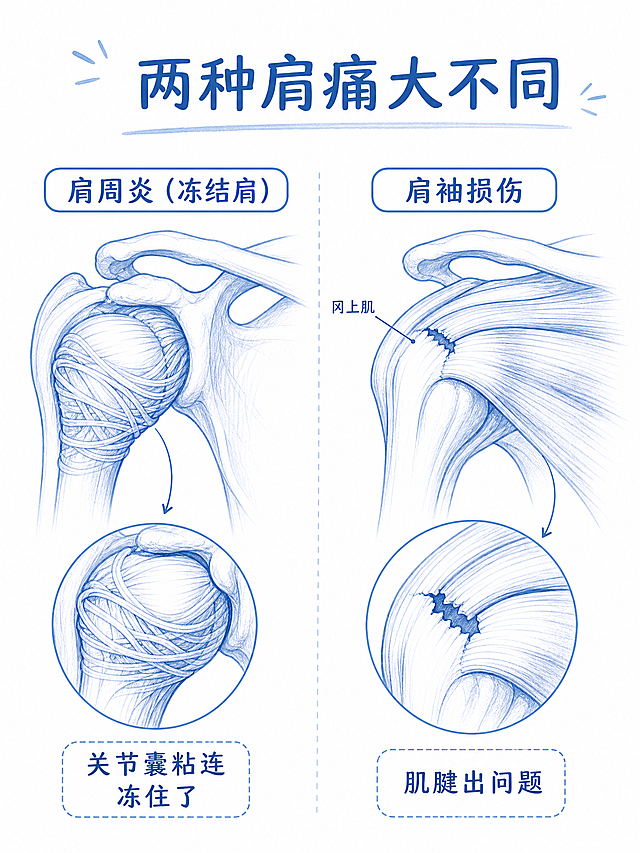 医疗科普插画，浅蓝色线稿风格，白色背景。左右对比布局：左侧是肩周炎示意图，标注"肩周炎（冻结肩）"，画一个肩膀关节囊粘连的解剖示意图，关节周围用缠绕的线条表示粘连冻结，旁边文字"关节囊粘连 冻住了"；右侧是肩袖损伤示意图，标注"肩袖损伤"，画肩部肌腱撕裂的解剖示意图，冈上肌肌腱部位有断裂缺口，旁边文字"肌腱出问题"。顶部标题"两种肩痛大不同"，整体专业医学插画风格，小红书竖版3:4比例