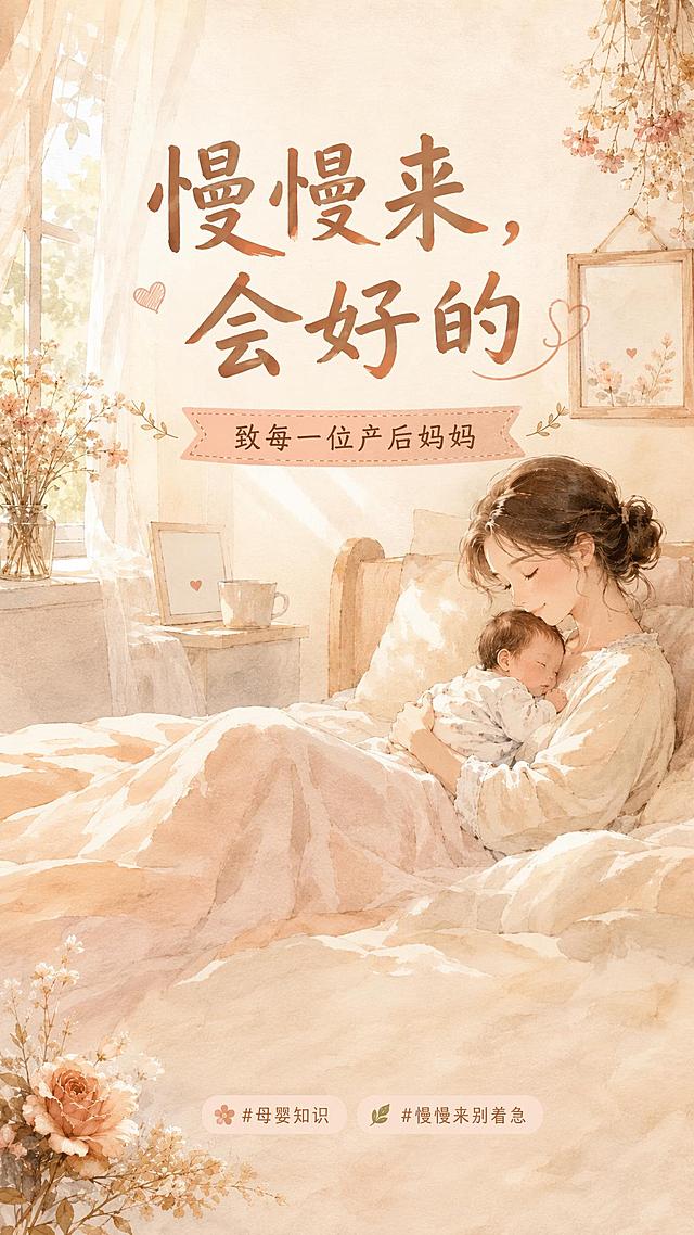 保留图片现有的温馨卧室背景和温柔水彩风格，减少文字内容，仅保留主标题"慢慢来，会好的"和副标题"致每一位产后妈妈"，以及标签#母婴知识 #慢慢来别着急，去掉所有正文文字和二维码占位区域，保持整体温柔治愈的氛围，画面干净简洁。