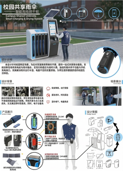 仿照参考的设计海报风格，制作校园共享雨伞+智能桩创意海报，内容包含作品名称、创意来源、创意描述、设计草图、设计样图、独创设计说明，创意为校园内设置带充电和烘干功能的雨伞桩，扫码取用按小时计费解决雨天刚预览效果