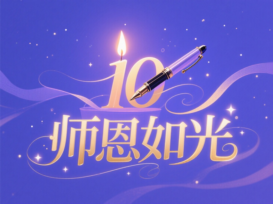 一支正在燃烧的蜡烛，烛火巧妙地变形为数字“10”，温暖的光芒照亮周围。烛身是一支精致的钢笔。背景是深邃而温柔的蓝紫色夜空，星光点点。烫金质感的艺术字体“师恩如光”在蜡烛下方展开，笔画中融入了微小的星辰预览效果