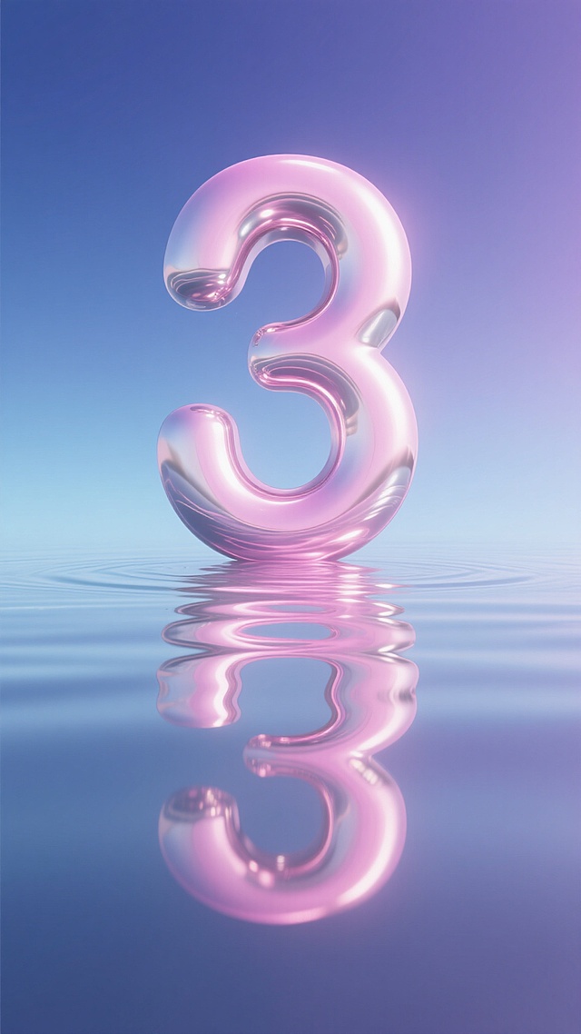 一个巨大的、圆润光滑的数字“3”，呈现出梦幻的粉色与银色渐变金属质感，表面有强烈的反光和高光效果，仿佛覆盖着一层流动的光泽。数字下方是光滑的水面，清晰地倒映出数字的影像，水中还泛着粉色和银色的涟漪。背景是渐变的蓝紫色天空，从上到下由深蓝色逐渐过渡到浅蓝色，营造出宁静而神秘的氛围。整个画面充满了梦幻感，光影柔和且富有层次感，数字“3”位于画面中央，占据主要视觉空间，显得格外突出和醒目。