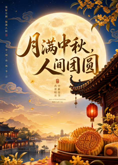 设计中秋主题海报，主题为“月满中秋，人间团圆”。画面包含一轮明亮的圆月，中式古建筑屋檐，桂花枝和月饼，整体风格温馨团圆，传统国风设计，画面醒目位置显示“月满中秋，人间团圆”文字，输出格式为.jpg，精预览效果