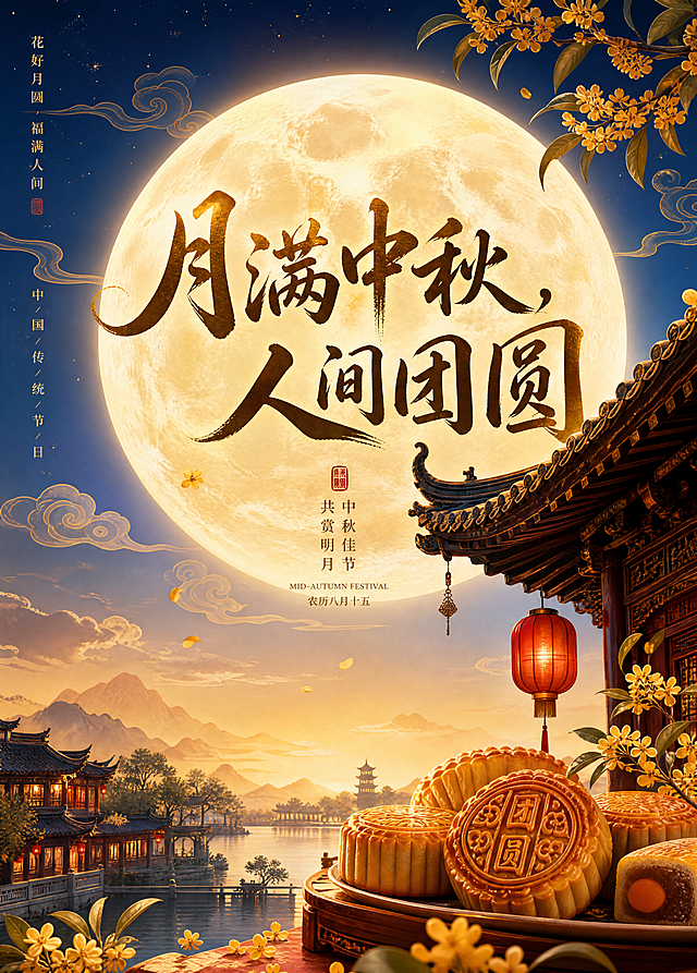 设计中秋主题海报，主题为“月满中秋，人间团圆”。画面包含一轮明亮的圆月，中式古建筑屋檐，桂花枝和月饼，整体风格温馨团圆，传统国风设计，画面醒目位置显示“月满中秋，人间团圆”文字，输出格式为.jpg，精度150DPI。