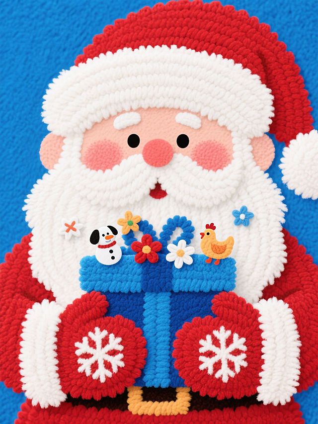 特写Q版圣诞老人，圣诞老人有圆润的脸型、白色大胡子，脸颊带红晕，风格憨态可掬，戴着白色圣诞帽，双手套着装饰有雪花的红色手套，正捧着一个蓝色礼盒，礼盒上点缀着迷你雪人、小狗摆件，还有星星、花朵、小鸡造型的装饰，背景是蓝色。