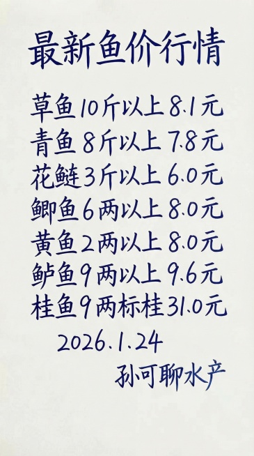 今天 1.24 号
最新鱼价行情
草鱼 10 斤以上 8.1 元
青鱼 8 斤以上 7.8 元
花鲢 3 斤以上 6.0 元
鲫鱼 6 两以上 8.0 元
黄鱼 2 两以上 8.0 元
鲈鱼9 两以上预览效果