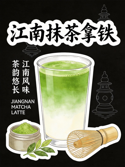 异形卡商业美食插画海报，背景为纯黑色，整体为异形贴纸式排版，带白边轮廓；主体是透明玻璃杯盛放的江南抹茶拿铁，杯中呈现鲜明的抹茶绿与牛奶白的渐变层，杯旁放着竹制茶筅，左下角搭配抹茶粉罐与抹茶叶装饰，文字预览效果