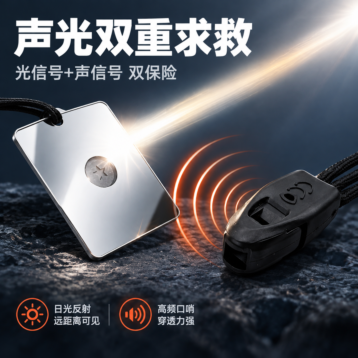 [主图-2] 声光双重求救核心卖点图，突出信号镜+口哨双功能组… - 图片创意预览