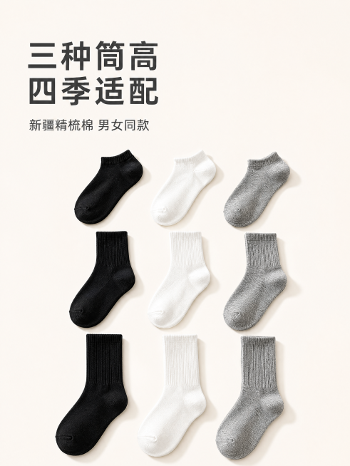 [主图-1] 新疆精梳棉纯色袜子首图全系列展示。
[氛围风格] 简约高级品质风，浅暖生活化氛围。
[画质] 商业摄影质感、光线柔和通透、产品清晰真实、画面干净高级。
[元素] 短筒、中筒、长筒三种筒高预览效果