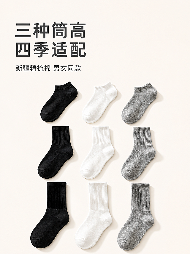 [主图-1] 新疆精梳棉纯色袜子首图全系列展示。
[氛围风格] 简约高级品质风，浅暖生活化氛围。
[画质] 商业摄影质感、光线柔和通透、产品清晰真实、画面干净高级。
[元素] 短筒、中筒、长筒三种筒高共九双黑白灰袜子错落排列在画面中心，保持每种袜子正确筒高比例、黑白灰纯色和棉织纹理与输入产品图完全一致，杜绝任何变形色差。背景为浅暖米白色纯色，简洁干净突出主体。商品主体占比约70%，满屏无边框。
[光影] 顶部柔和主光均匀照亮袜子，棉织纹理清晰可见，底部形成自然柔和投影，整体通透干净，明暗层次自然。
[配色] 全局背景浅米白色#F8F5F0；主体黑白灰经典配色，文字深灰色，简洁清爽。
[视角构图] 正面平视，错落排列构图均衡，主体突出轮廓完整不裁切。
[文字版式] 左上负空间左对齐，大字主文案「三种筒高 四季适配」深灰色加粗无衬线；下方小字辅助文案「新疆精梳棉 男女同款」字号约主文案一半，保持深色清晰不遮挡袜子主体。
[比例分辨率] 3:4 比例，4k 分辨率，文字清晰可辨，超高清。
[负向提示词] 袜子变形，筒高比例错误，颜色偏差，文字错乱，水印，背景杂乱，产品模糊。