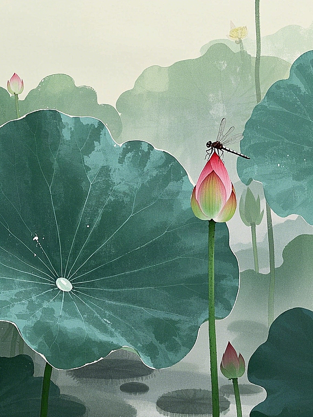 清新古典插画风，工笔细腻描绘荷塘蜻蜓，水墨淡雅，夏日宁静。