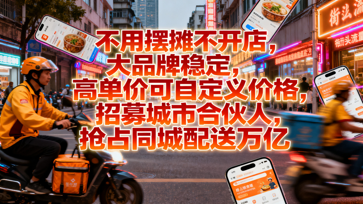 外卖创业招商海报，核心文案："不用摆摊不开店，大品牌稳定，高单价可自定义价格，招募城市合伙人，抢占同城配送万亿市场"，街头流量风格设计预览效果