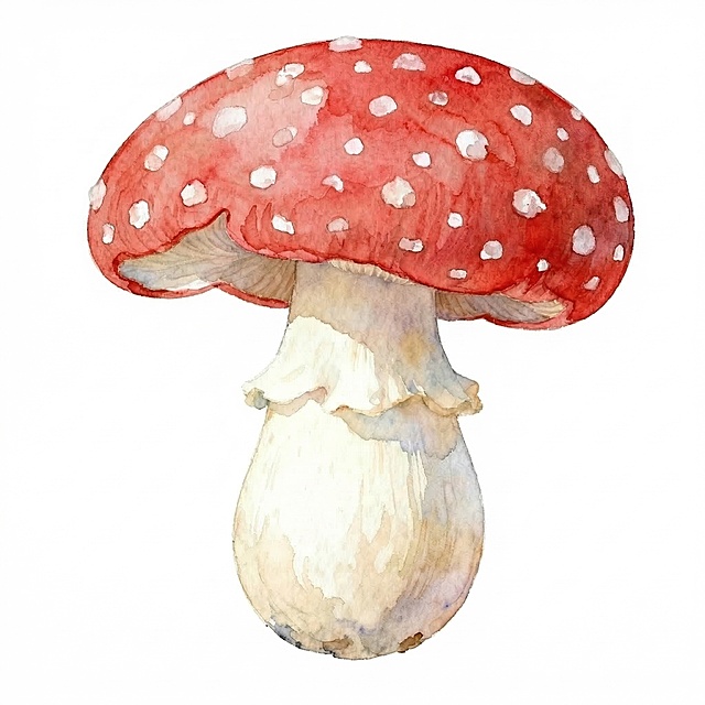 保持蘑菇原有造型、红色菌盖和水彩风格不变，在红色菌盖上添加大小不一的自然白色斑点，保持水彩质感，斑点分布自然协调，不改变蘑菇整体形态，保留白色背景