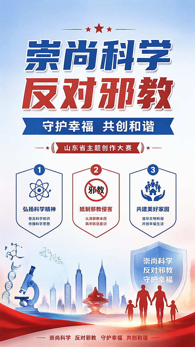 正式公益宣传海报，主题为"崇尚科学 反对邪教 守护幸福"，主标题"崇尚科学 反对邪教"，副标题"守护幸福 共创和谐"，装饰文案"山东省主题创作大赛"，核心卖点为：1. 弘扬科学精神 2. 抵制邪教侵害 3. 共建美好家园。整体风格正式稳重、积极正向、简洁大气，构图分区清晰，版式精美，居中大标题设计，采用蓝红对比正式配色，背景使用简约干净的浅渐变，搭配科学相关符号元素，画面干净规整，文字清晰可读，传递正向理念。