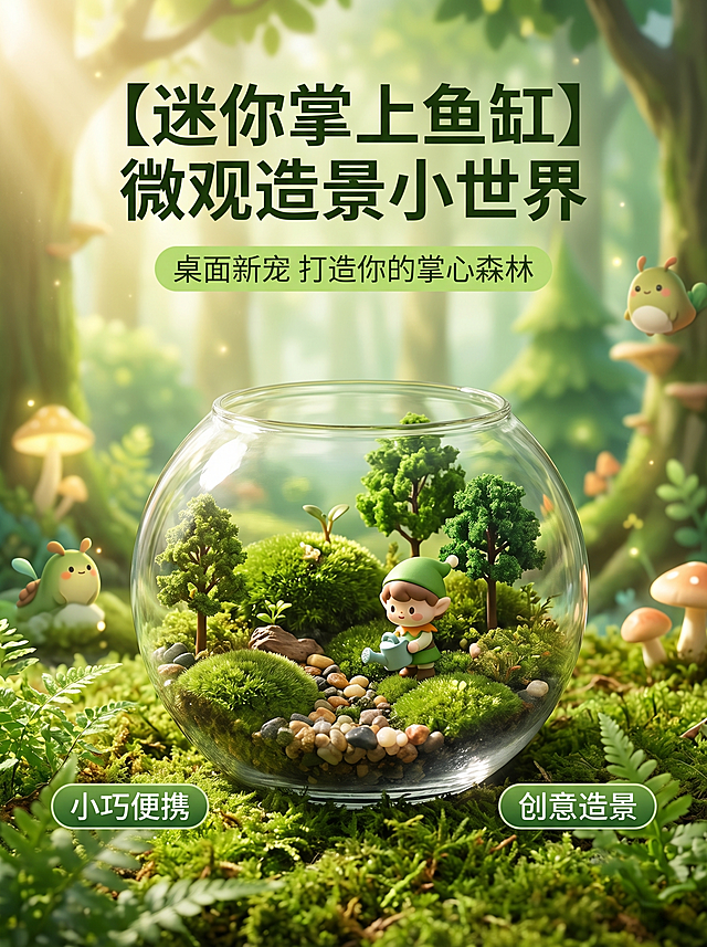 [主图 1] 掌上鱼缸微观造景缸首图，森林卡通风格。[氛围风格] 治愈梦幻森林卡通氛围，搭配可爱卡通人物，真实产品质感。[画质] 商业摄影质感、光线柔和通透、产品清晰真实、画面干净高级。[元素] 圆形透明玻璃掌上鱼缸居中展示，鱼缸内做微观森林造景，旁边搭配可爱治愈的Q版卡通小人物。背景是充满生机的浅绿森林场景，绿植苔藓环绕，自然清新。保持产品外观（物理结构、材质质感）与输入产品图绝对一致，杜绝任何变形和色差，精细化处理。商品主体占比严格控制在 60%-80% 之间，画面满屏无边框。[光影] 上午柔和自然光从左侧射入，整体光线均匀明亮，透过透明玻璃形成温润光斑，自然通透，立体感强。[配色] 主色调为清新自然的绿色系，搭配透明玻璃的纯净感，卡通人物增加活泼色彩点缀。[视角构图] 平视视角，主体居中，景深适中，产品完整不裁切。[文字版式] 顶部居中主标题 "【迷你掌上鱼缸】微观造景小世界"，深绿色粗体最大字号；副标题 "桌面新宠 打造你的掌心森林" 浅绿色小字号放在主标题下方。左下角放置胶囊标签 "小巧便携"，右下角放置胶囊标签 "创意造景"，文字清晰不遮挡主体。[比例分辨率] 3:4 比例，2k 分辨率；文字清晰锐利，画面超高清。[负向提示词] 变形，水印，文字错乱，产品图模糊，背景杂乱，颜色刺眼，遮挡主体
