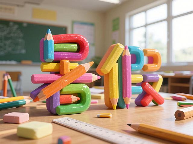 “暑假”两个字的笔画用蜡笔拼出，蜡笔周围有其他文具，背景是教室