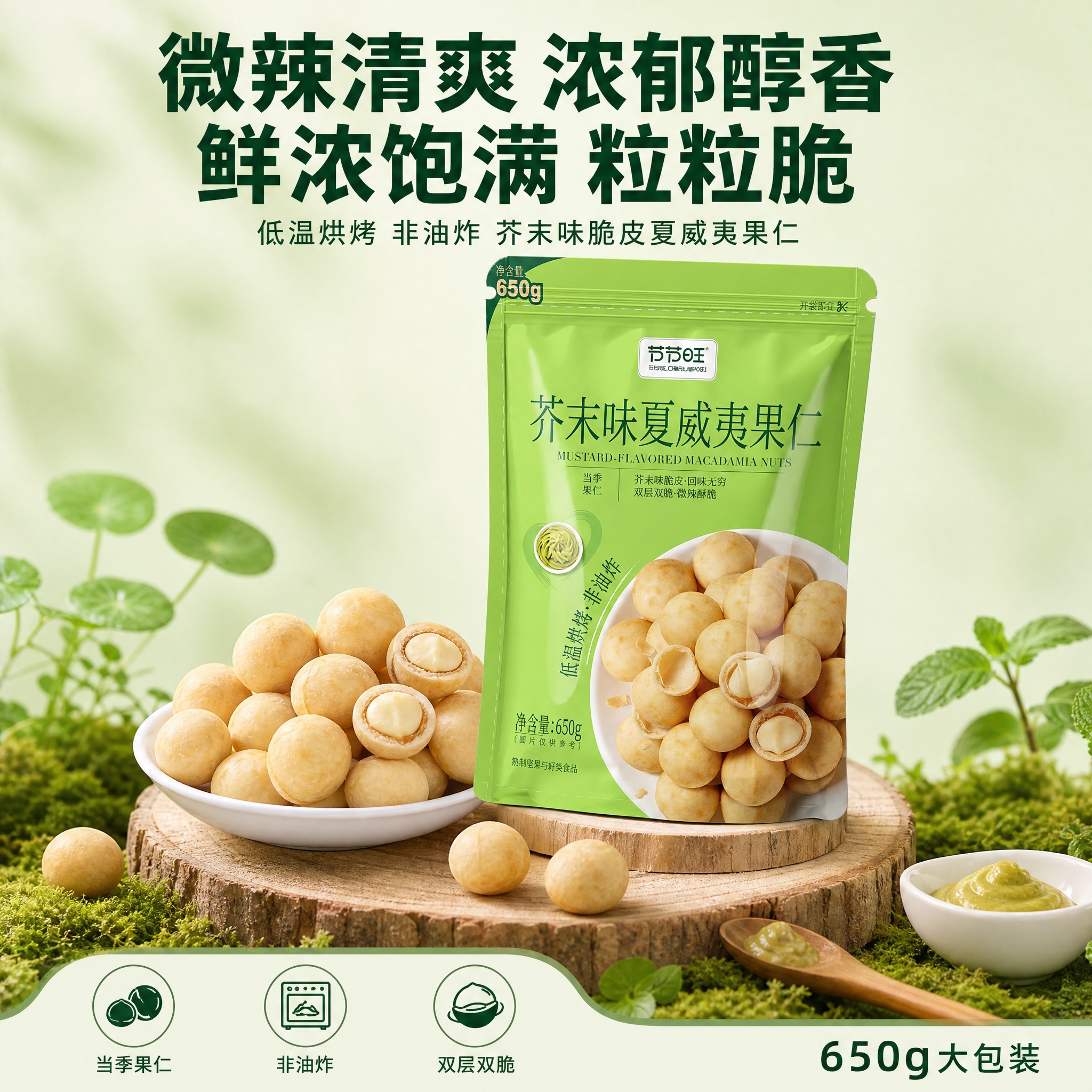 [单张主图] 节节旺芥末味夏威夷果仁650g电商主图，爆款促销… - 图片创意预览