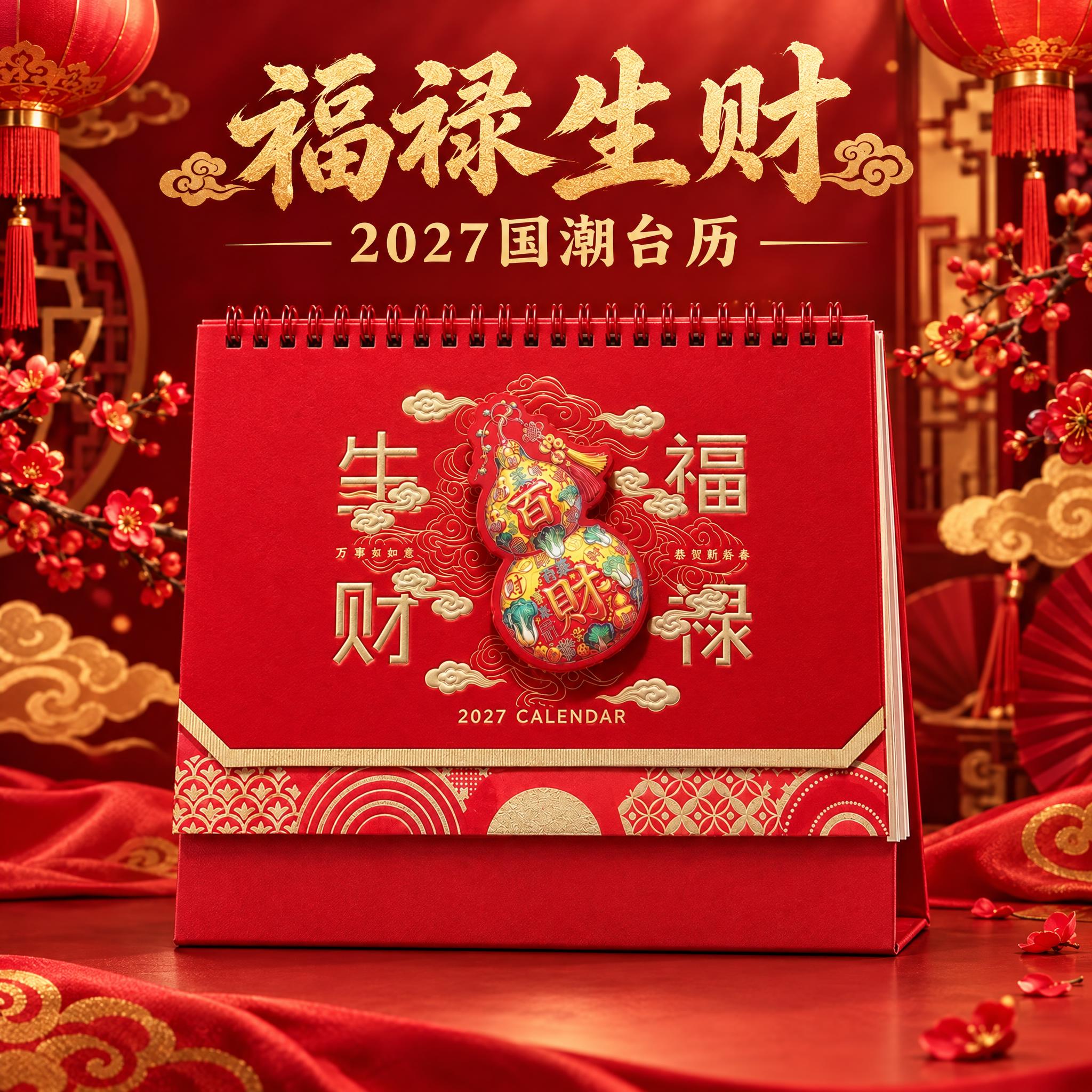 生成福禄生财款台历单张主图。国潮喜庆风格，红金主色调，深红色渐… - 图片创意预览