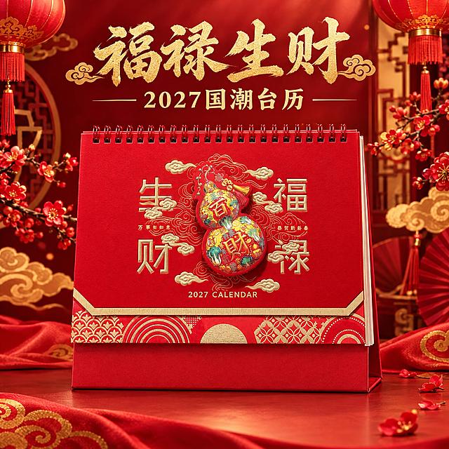 生成福禄生财款台历单张主图。国潮喜庆风格，红金主色调，深红色渐变背景搭配金色祥云、灯笼、梅花等国潮装饰元素。画面中央展示福禄生财葫芦款台历，正面视角，台历占画面60%，居中放置，底座是规整的纸质三角支架，内页厚度约14张纸。台历封面图案、文字、颜色与参考图完全一致。顶部有金色书法大标题"福禄生财 2027国潮台历"。商业摄影质感，主光柔和，立体浮雕有层次，底部有自然接触阴影。1:1构图，文字清晰，产品完整，无变形错字，无水印无平台Logo。