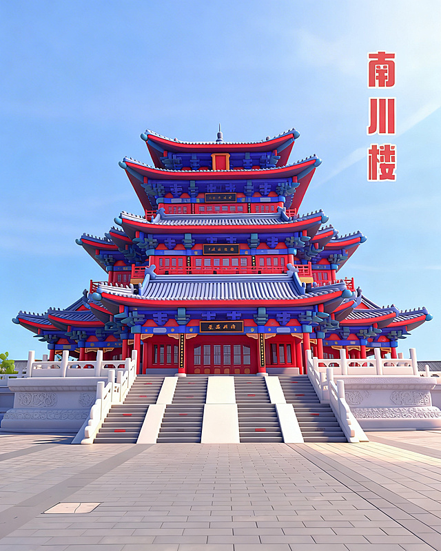 仅将图中的南川楼建筑部分修改为卡通风格，保留原来的颜色和结构，地面台阶和天空保持原样不变，保留右侧红色文字"南川楼"
