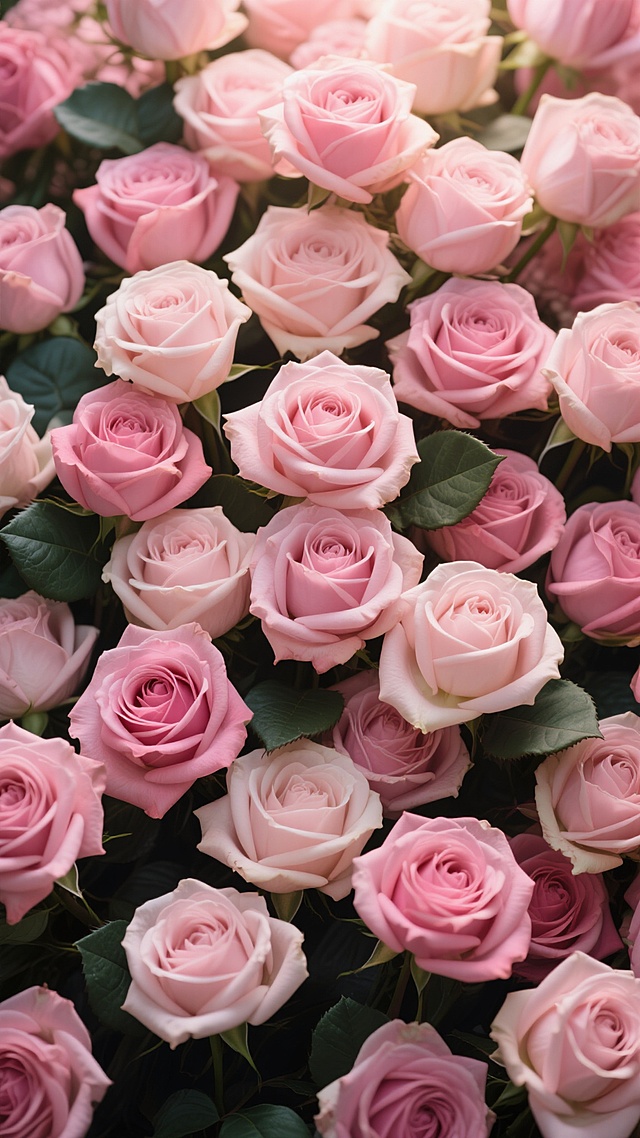 一张由大量盛开的粉色玫瑰花组成的无缝背景墙，玫瑰花花瓣层次丰富，色彩从柔和的浅粉到饱满的深粉渐变，每一朵玫瑰都具有清晰的纹理和自然的形态，其间点缀着深绿色的玫瑰叶子，整体呈现出极高的写实摄影质感，光线明亮柔和，从上方均匀洒下，为花瓣边缘带来细腻的高光，阴影部分过渡自然，营造出温馨浪漫的氛围，画面构图饱满，玫瑰花紧密排列，形成视觉冲击力强的花卉背景。