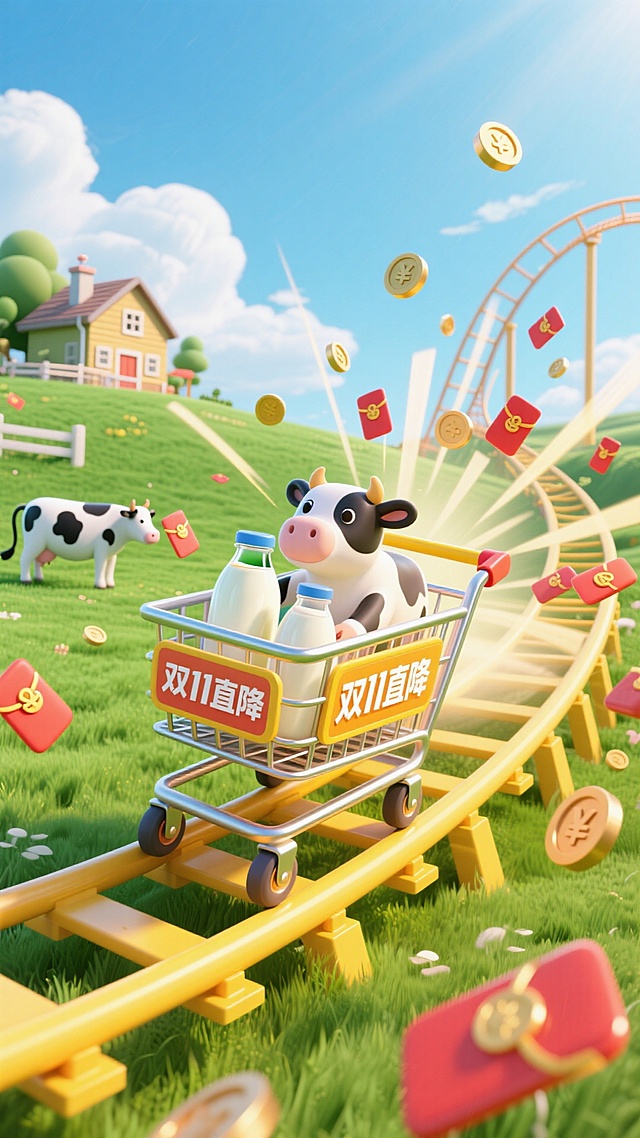 软3D风格卡通牛推购物车冲上过山车，金币红包飞舞，拟人化趣味十足，双11促销氛围浓厚，充满可爱与虚拟现实感。
