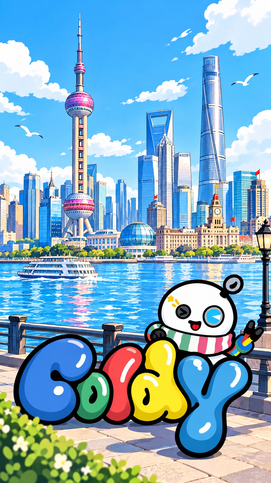 将图中的卡通机器人和彩色GOGO文字元素与上海城市风景结合，竖… - 图片创意预览