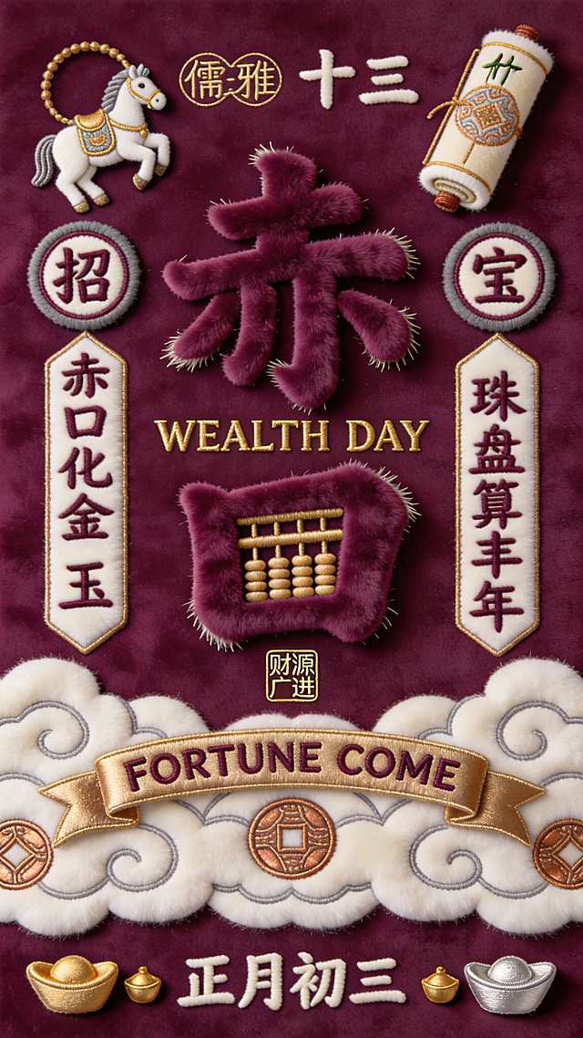 国潮风刺绣质感海报，毛发生长风呈现“赤”字与算盘，重拟物浮雕设计融合中式元素，喜庆祥瑞迎正月初三财富日。
