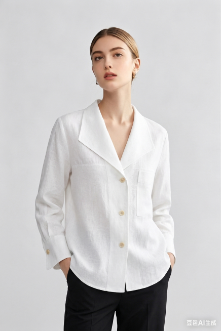 把图1中人物的白色上衣替换成图2的上衣素材，保持人物姿势，保持图2白色长袖上衣的面料和版型，确保衬衫版型自然贴合预览效果